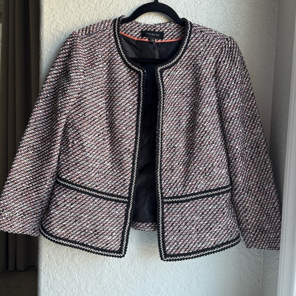 Talbots Womens 8‎ Grosgrain Trim Tweed Blazer Jacket Pink Black Trim Lined